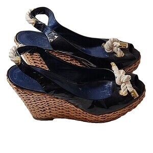 Tory Burch Navy Blue Patent Rope Bow Wedge Slingback Peep Toe Sandals Womens 10‎